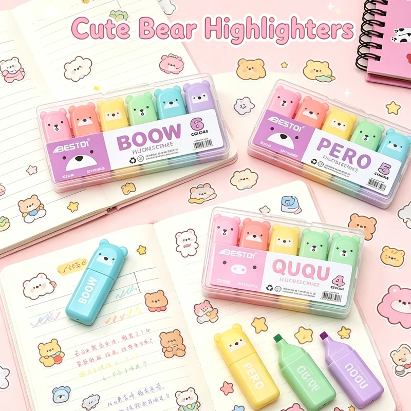 Kawaii Bear Highlighter Pens S - огляд і ціна Pastel Highlighter Set Double Ended